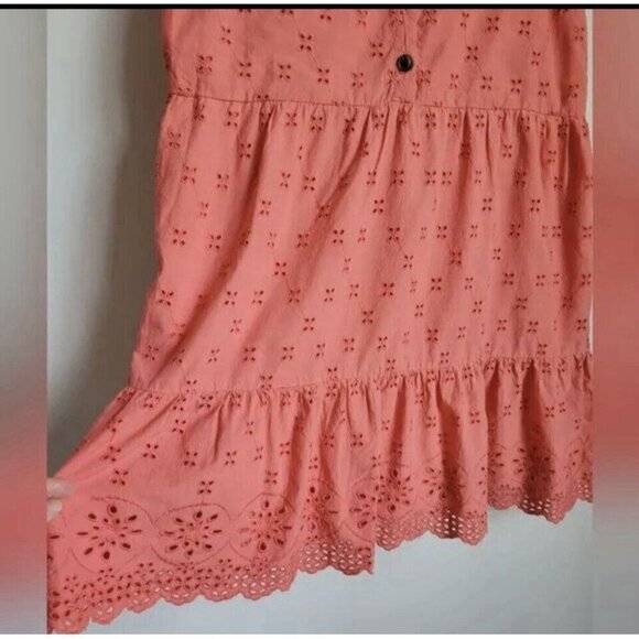 LOFT Coral Embroidered Eyelet Flutter Sleeve Tiered Ruffle Shift Dress Size 12 - Picture 13 of 13